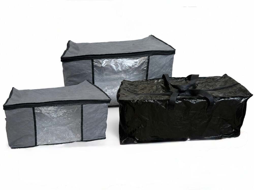 Set of 3 Storage Organizer Bags - Honsen Black XL+ 2 Grey FabTotes w/ window